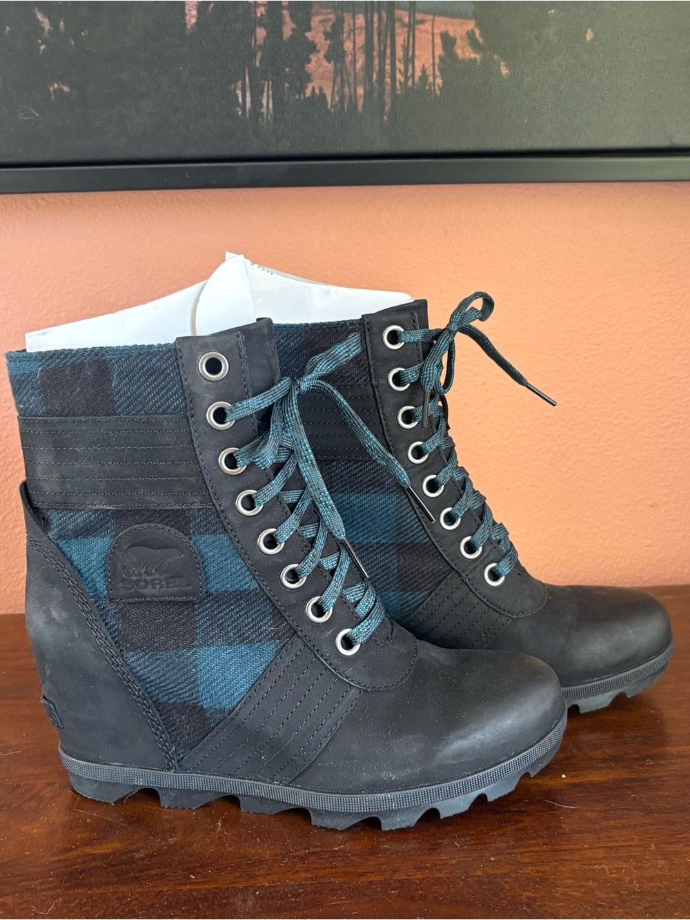 Brand New in Box Sorel Lexie Black and Teal Plaid Lace-Up Wedge Boots